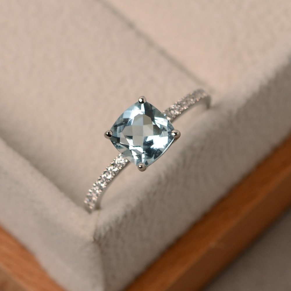 925 Silver Aquamarine Diamond Cushion Cut Ring - Picture 2 of 4